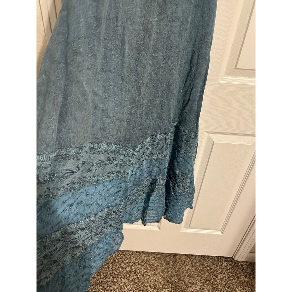 Advance Apparels Teal Blue Embroidered Boho Midi Dress Smocked Back Rayon L XL - Picture 7 of 9